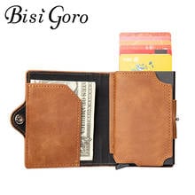 BISI GORO Button Smart Wallet Coin Zipper RFID Blocking 2021 PU Aluminum Business Credit Card Holder Purse Brown Black Cover 2024 - buy cheap