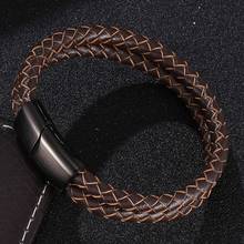 Fashion Brown Braided Leather Double Layer Bracelet Men Jewelry Stainless Steel Magnetic Clasp Bangles Male Wrist Band Gifts 2024 - buy cheap