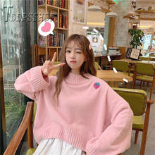 2019 bordado morango coreano mulheres suéter solto pulôver outono escola doce suéter feminino 2024 - compre barato
