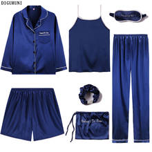 Conjunto de pijamas femininos de seda azul, 7 peças, manga longa, pijama de manga longa, pigiama, feminina, primavera, outono 2024 - compre barato