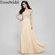 Erosebridal Long Sleeve Evenin Dress 2019 Champange Lace Beaded Long Formal Dresses Evening Gown Party Chiffon 2024 - buy cheap