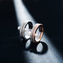 Aaa qualidade moda dupla círculos anéis micro mosaico topo zircônia cristais e pérola anel de prata para mulher jóias de luxo 2024 - compre barato
