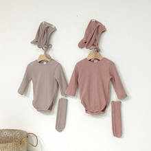 Newborn Unisex Baby Boy Girls Long Sleeve Bodysuit Set Solid Color Cute Rabbit Ear Baby Bodysuit+Hat+Socks Set Infant Clothing 2024 - buy cheap