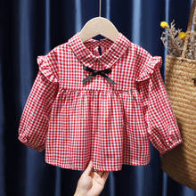 Infant Baby Girls Long Blouse Plaid British Style Ruched Long Sleve Bowknot Girls Blouse Clothes Kids Spring Clothes 2024 - buy cheap