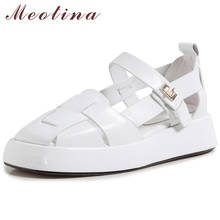 Meotina Genuine Leather Gladiator Shoes Women Platform Wedge Sandals Buckle Square Toe Mid Heel Sandals Ladies Footwear White 2024 - buy cheap