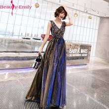 Women Charming Formal Evening Party Dress Tulle Sleeveless V Neck Sequins Shinning A Line Long Dress Sexy V Back Dress Vestidos 2024 - buy cheap