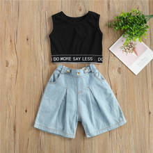 Children Girls Summer Clothing Fashion Toddler Kids Letter Print Knitted Vest Tops+Denim Elastic Waist Shorts Pants Outfits 2024 - buy cheap