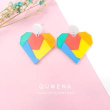 QUMENG 2020 Exaggerated Punk Neon Color stitching Heart stud Earrings Big Personality Earring for women Party Nightclub Jewelry 2024 - buy cheap