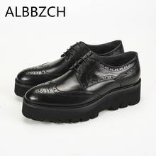 Zapatos de trabajo con suela gruesa para hombre, calzado de piel auténtica con aumento de altura, para boda, talla brogue, color negro, novedad 2024 - compra barato