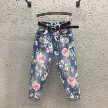 Calças jeans de cintura alta femininas, calças jeans longas com estampa de flores, moda primavera outono 2021 2024 - compre barato