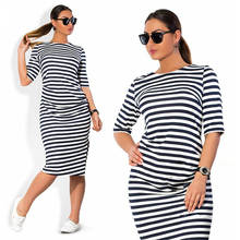 Vestido plus size 2020, moda 5xl 6xl tamanho grande primavera verão vestidos listrados brancos pretos tamanho grande roupas femininas vestidos de bolso 2024 - compre barato