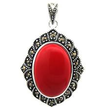 Free shipping  VINTAGE 925 STERLING SILVER RED CORAL MARCASITE PENDANT 27x43MM 2024 - buy cheap