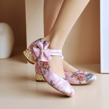 Zapatos de tacón bajo con lazo para mujer, calzado con estampado Floral y punta redonda, zapatos de tacón bajo de bloque Lolita, colores combinados, 2022 2024 - compra barato