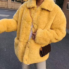 Ins Women Yellow Wool Turn-down Collar Coats Furry Faux Fur Short Jackets Winter Warm Thick Overcoat Plus Sizes Female Outerwear 2024 - buy cheap