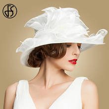 Chapéu de casamento fs branco para mulheres, chapéu de organza com aba larga e flor para senhoras, chapéu preto e kentukie para igrejam 2024 - compre barato