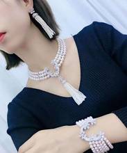 Hand knotted 3-4mm 5-6mm 8-9mm natural white pearl zircon clasp accessory necklace bracelet earrings set fashion jewelry 2024 - buy cheap