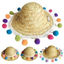 Pet Straw Hat Colorful Pompom Dog Cat Mexican Straw Sombrero Cap Pet Adjustable Handcrafted Summer Cap Visor Party Hat 2024 - buy cheap