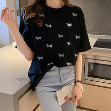 Camiseta feminina moderna de verão com estampa de cachorro, camiseta comprida de algodão com mangas curtas, gola redonda, moda casual, novo, 2021 2024 - compre barato