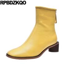 Chunky Booties Size 34 Women Ankle Boots Medium Heel High Quality Block Square Toe Winter Shoes Genuine Leather Short Yellow 2024 - buy cheap