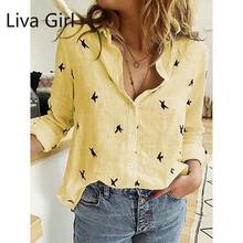 Cotton Linen Blouses Button Up Women Shirt Oversized Tops Spring Autumn Long Sleeve Shirts Lapel Loose Bird Print Blouse Blusas 2024 - buy cheap