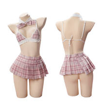 Jk conjunto de biquíni plissado escolar, para meninas, uniforme de marinheiro, lolita, para cosplay, de empregada, rosa, saias xadrez 2024 - compre barato