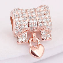 Cuentas originales de corazón y lazo de amor con pavé de rosa, accesorio para pulsera, abalorio de Plata de Ley 925, joyería artesanal 2024 - compra barato