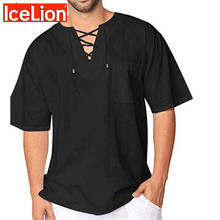 Camiseta masculina verão 2021, camiseta masculina com costura de malha, manga curta, laços sólidos 2024 - compre barato