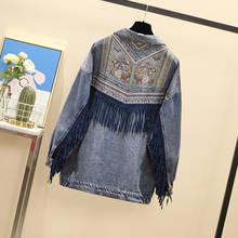 Plus size Denim women jacket spring vintage floral Embroidery Suede fringe loose coat long sleeve Outerwear female boho jacket 2024 - buy cheap