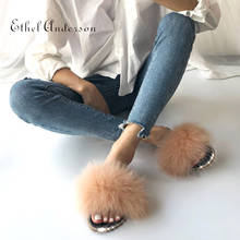 Women's Real Furry Fox Fur Designer Slides Raccoon Flip Flops Crystal Decoration Female Fluffy Slippers Outdoor Footwear Shoes 2024 - buy cheap