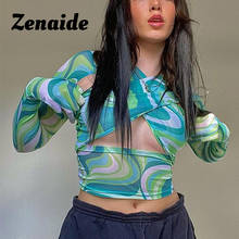 Zenaide Tie Dye Sexy T Shirt Long Sleeve Bandage Criss Cross Fashion Vintage Women Club Outfits with Gloves Green Mesh Top 2024 - buy cheap