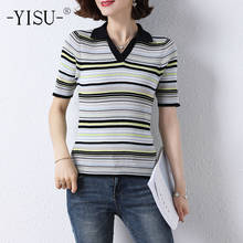 Yisu novo suéter feminino casual de manga curta, pulôver, camisetas de verão, lapela, listra, slim, camiseta de malha, camiseta fina feminina 2021 2024 - compre barato
