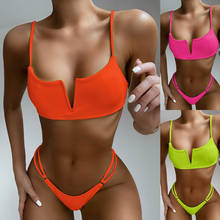 Conjunto de Bikini con cuello de pico profundo para mujer, de Color sólido traje de baño, Bikini Sexy con Push-Up, ropa de playa # H30 2024 - compra barato