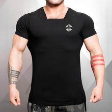 Camiseta de manga corta de algodón para hombre, camisa de entrenamiento para gimnasio, informal, con cuello cuadrado, ajustada, de verano 2024 - compra barato