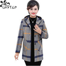 UHYTGF Spring autumn coat female fashion  plaid women hooded woolen coat loose 5XL plus size Windbreaker ladie manteau femme 857 2024 - buy cheap