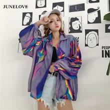 JuneLove 2020 Women Summer Windbreaker Violet Print Sun Blouse Streetwear Harajuku Top Loose Shirt Korean Vintage Blusas 2024 - buy cheap