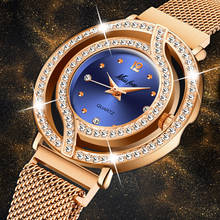 Missfox relógio de pulso de aço azul vazado, relógio de marca de luxo feminino à prova d'água de diamante, elegante e dourado para mulheres 2024 - compre barato