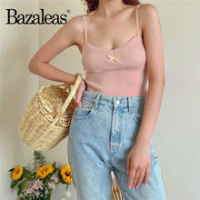 Bazaleas France Pink Front Bow Knitted Women Crop Top Chic Spaghetti Straps Camis Sexy Ruffles Women Tank Top 2024 - buy cheap