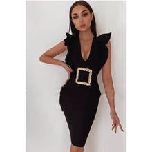 High Quality Fashion Sexy V Neck Sequined Ruffles Black Women Bodycon Bandage Dress 2021 Designer Evening Party Dress Vestido 2024 - buy cheap