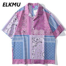 ELKMU Streetwear Bandana Paisley Shirts Summer Blouse Short Sleeve Patchwork Color Block Beach Shirt Harajuku Tops Male HE675 2024 - buy cheap