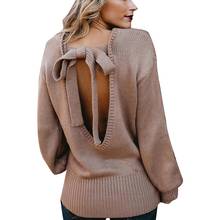 Elegant dress Sweater 2022 Women Autumn Solid Color O Neck Backless Back Bow Tie Knitwear Sweater 2024 - buy cheap