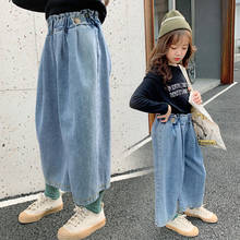 Casual meninas denim calças botão duplo cintura alta crianças jeans lavagem angustiado tornozelo comprimento crianças perna larga 3-14t 2024 - compre barato