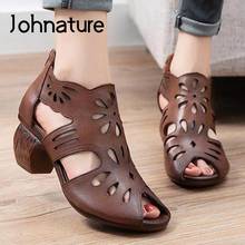 Johnature Women Sandals Retro Genuine Leather Zip 2022 New Summer Casual Sewing Women Shoes Handmade Hollow Ladies Sandals 2024 - buy cheap