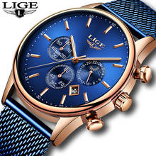 Часы наручные LIGE Мужские кварцевые, модные брендовые Роскошные повседневные спортивные водонепроницаемые из нержавеющей стали, синие 2024 - купить недорого