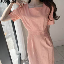 Korean Pink Square Collar Dress Female Vestidos Vintage Waist Slim Thin Longi Dress Summer Short Sleeve Linen Dresses For Women 2024 - buy cheap