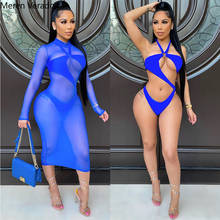 Meren Verado Summer Beach Mesh See Though Midi Dress with Bodysuit for Women Swimsuit Sexy Bikinis Set Matching Two 2 Piece Set 2024 - buy cheap