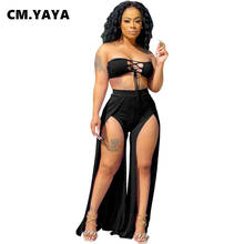 CM.YAYA Women Set Sleeveless Strapless Bandage Crop Tops Splited Long Pants Two Piece Set Sexy Fashion Outfit Summer 2021 2024 - buy cheap
