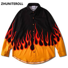 Camisa japonesa estilosa masculina, camisa de manga longa com estampa de chamas fogo para homens, moda urbana havaiana, praia, harajuku, 2021 2024 - compre barato
