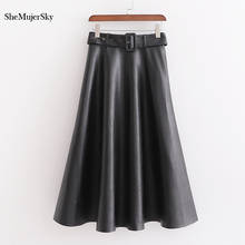 SheMujerSky Black Leather Skirts Womens Elegant Midi Skirt With Belt 2019 Autumn High Waist Skirt falda 2024 - buy cheap