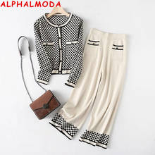 ALPHALMODA 2021 Spring Winter Women's Round Collar Single Breasted Plaids Cardigans Straight Leg Pants 2pcs Fashion Suit 2024 - buy cheap