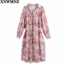 XNWMNZ 2021 Women Vintage long paisley Print Side Split Chiffon Shirt Dress Female Chic oversize Blouse belt dresses Vestido 2024 - buy cheap